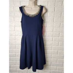 NWT Dress Jeweled neckline BETSEY JOHNSON Navy blue short sleeve Size 10  $128